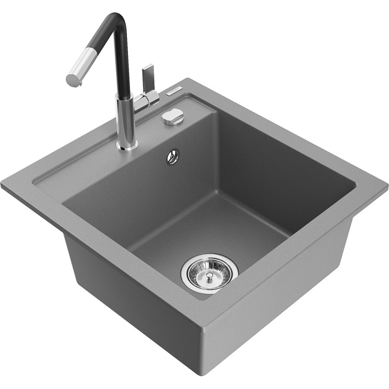 Mexen Vito chiuvetă de bucătărie din granit cu 1 compartiment și baterie Flora, gri - 6503-71-670401-07