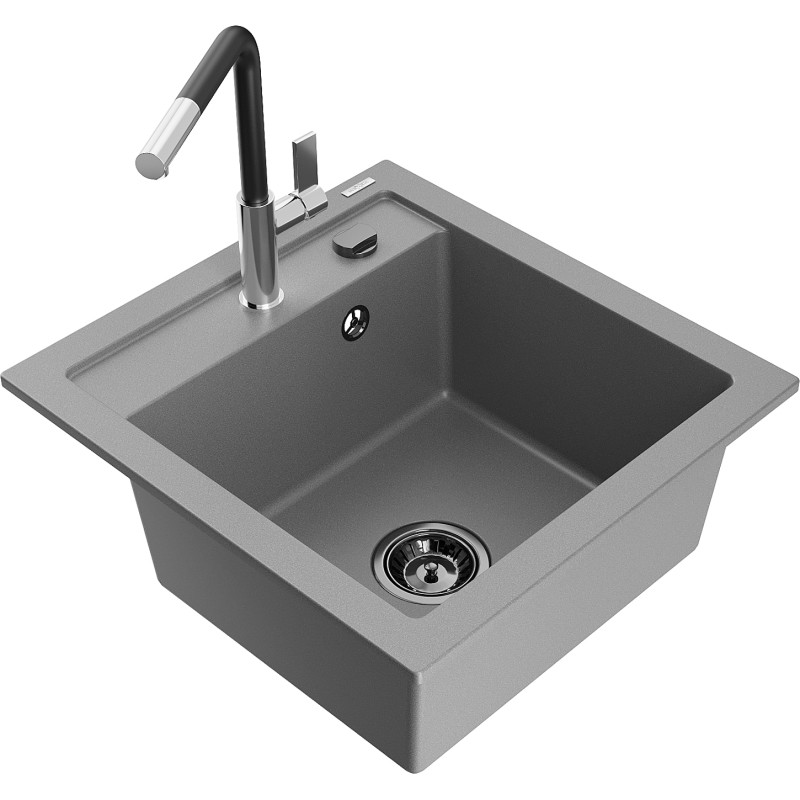 Mexen Vito chiuvetă din granit cu 1 compartiment și baterie bucătărie Flora, gri - 6503-71-670401-07-B
