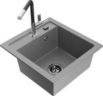 Mexen Vito chiuvetă de granit cu 1 compartiment cu baterie de bucătărie Flora, gri - 6503-71-670401-07-B