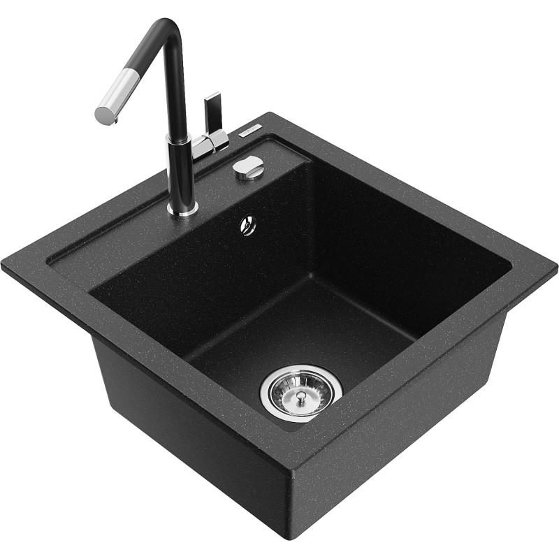 Mexen Vito gránit 1-medencés mosogató Flora konyhai csapteleppel, fekete/ezüst metál - 6503-73-670401-07