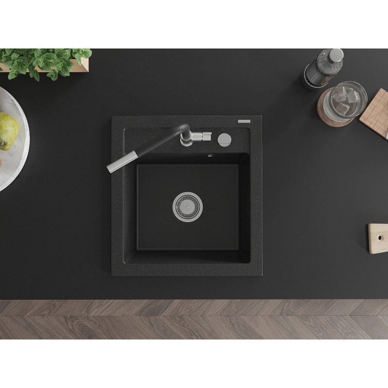 Mexen Vito egymedencés gránit mosogató Flora konyhai csapteleppel, fekete/ezüst metál - 6503-73-670401-07