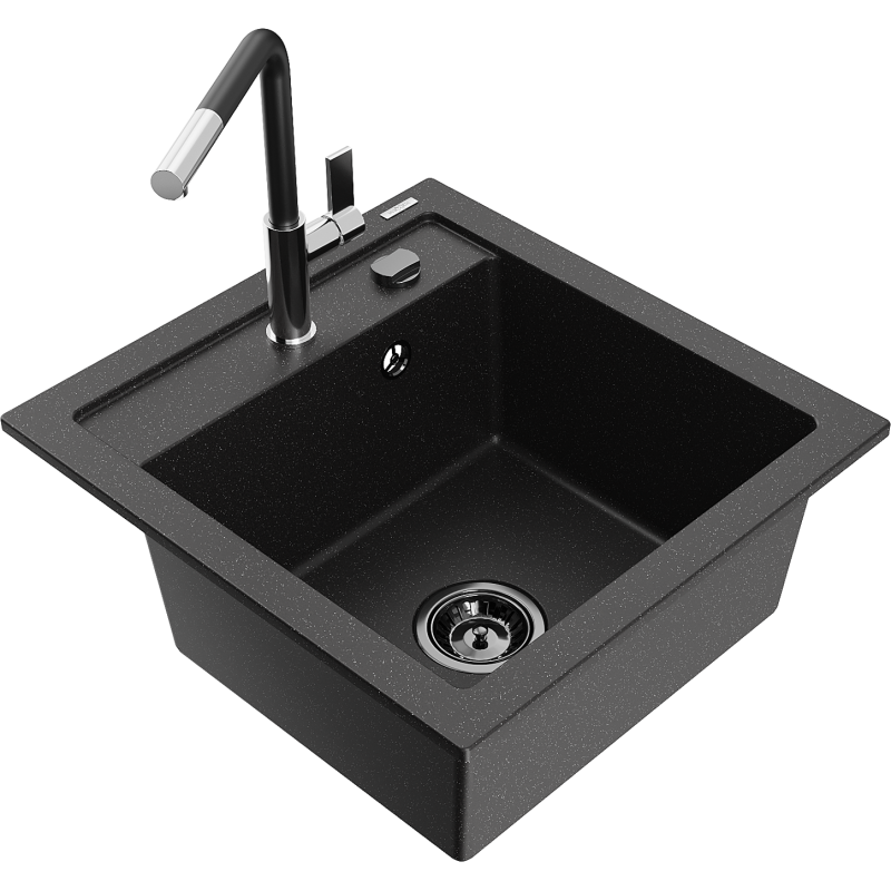 Mexen Vito chiuvetă de granit cu 1 compartiment cu robinet de bucătărie Flora, negru/argintiu metalic - 6503-73-670401-07-B