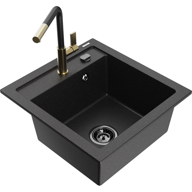 Mexen Vito chiuvetă de granit cu 1 compartiment cu baterie de bucătărie Flora, negru/metalic argintiu - 6503-73-670401-57-B