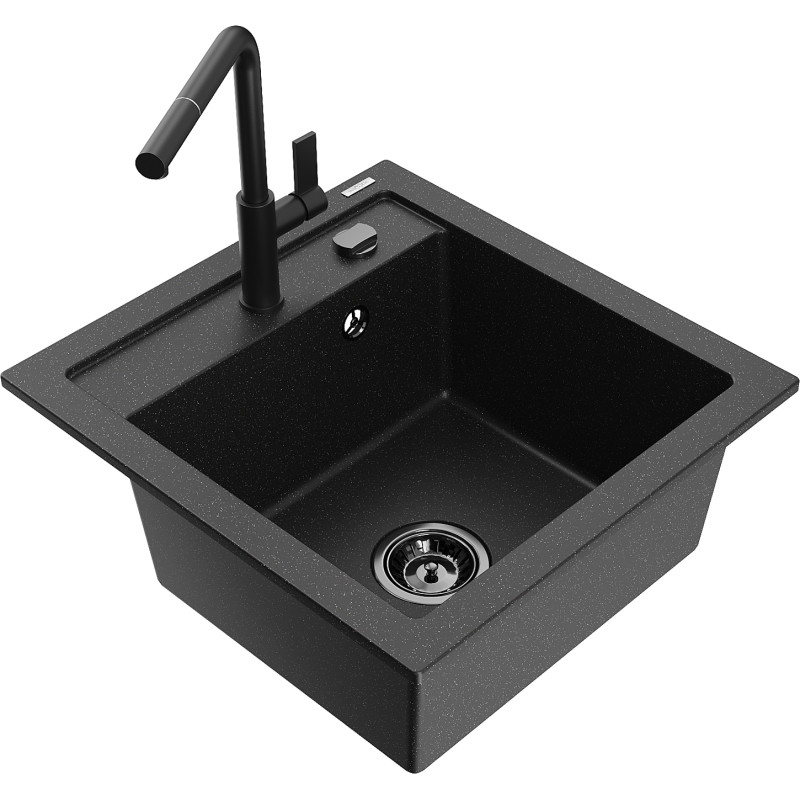 Mexen Vito chiuvetă granit 1-cameră cu baterie de bucătărie Flora, negru/argintiu metalic - 6503-73-670401-70-B