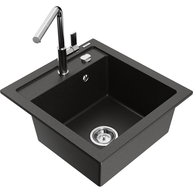 Mexen Vito chiuvetă de granit cu 1 compartiment cu baterie de bucătărie Flora, negru/auriu metalizat - 6503-75-670401-00