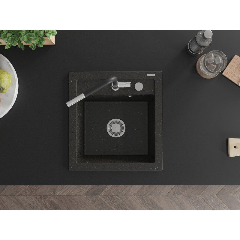Mexen Vito egymedencés gránit mosogató Flora konyhai csapteleppel, fekete/arany metál - 6503-75-670401-07