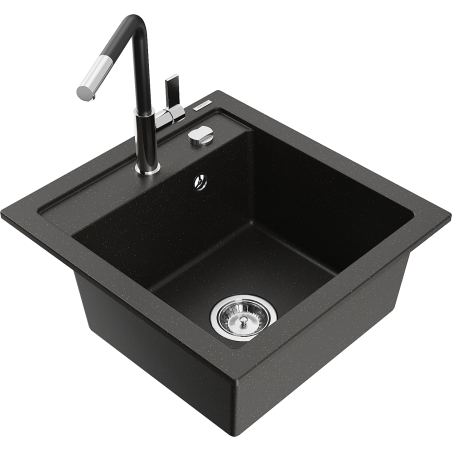 Mexen Vito chiuvetă de bucătărie cu 1 compartiment din granit cu baterie Flora, negru/auriu metalic - 6503-75-670401-07