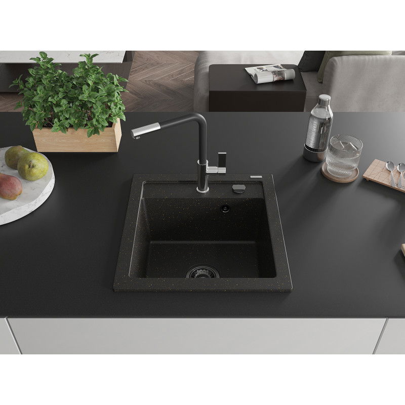 Mexen Vito 1-kamrás gránit mosogató Flora konyhai csappal, fekete/arany metál - 6503-75-670401-07-B