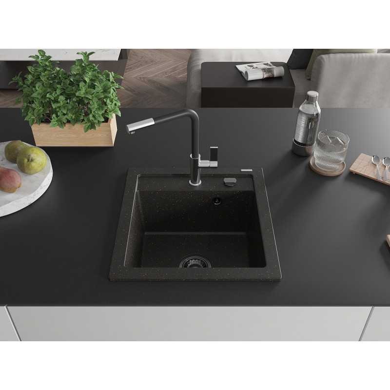 Mexen Vito chiuvetă de granit cu 1 compartiment cu baterie de bucătărie Flora, negru/auriu metalic - 6503-75-670401-07-B