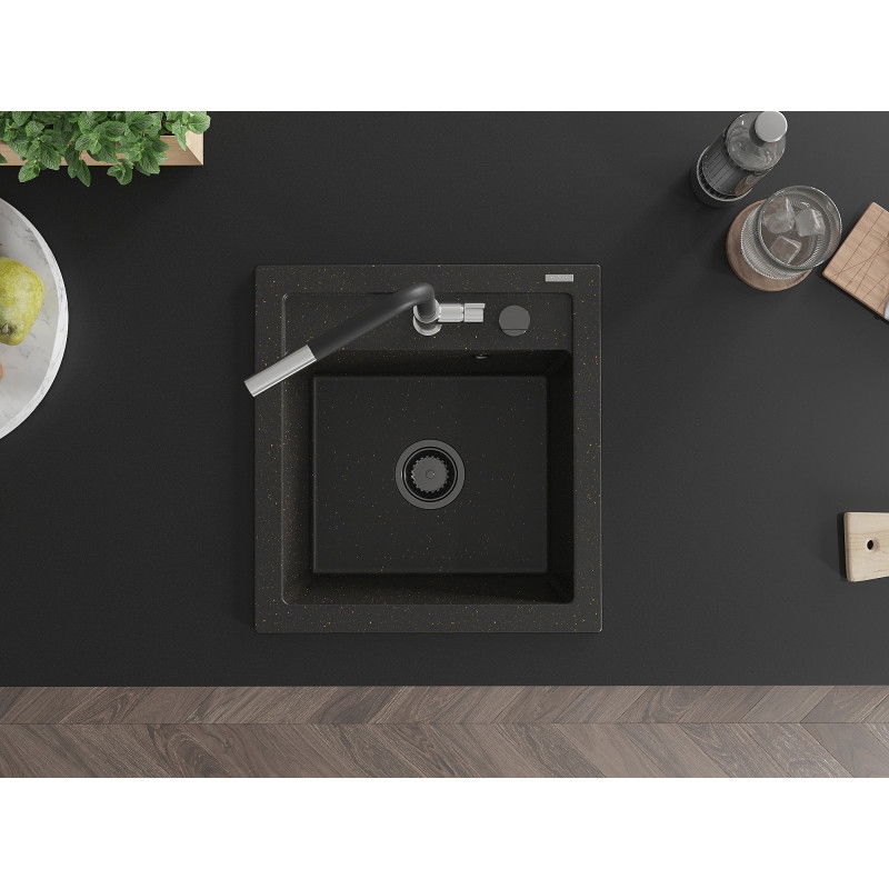 Mexen Vito 1-kamrás gránit mosogató Flora konyhai csappal, fekete/arany metál - 6503-75-670401-07-B