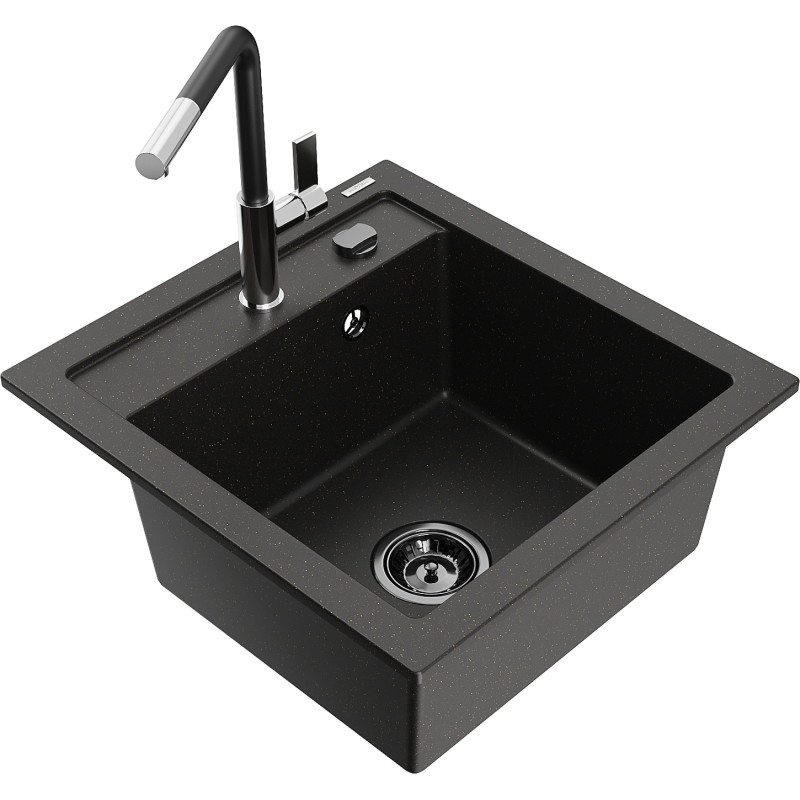 Mexen Vito chiuvetă de granit cu 1 compartiment cu baterie de bucătărie Flora, negru/auriu metalic - 6503-75-670401-07-B
