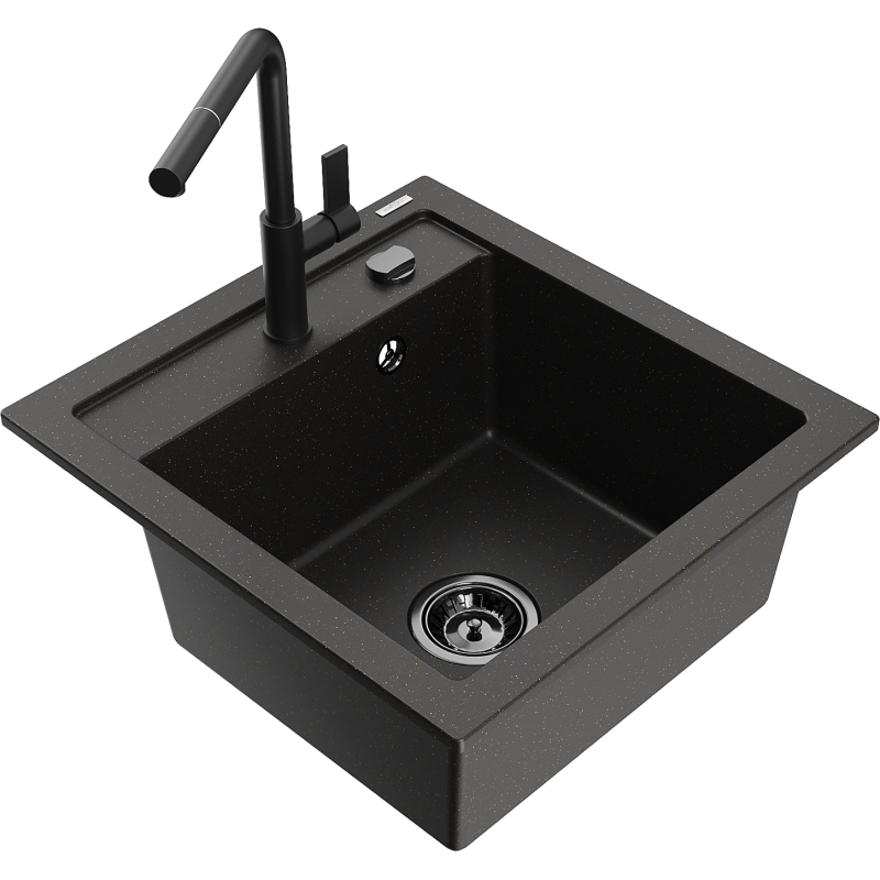 Mexen Vito chiuvetă de granit cu 1 compartiment cu baterie de bucătărie Flora, negru/auriu metalic - 6503-75-670401-70-B