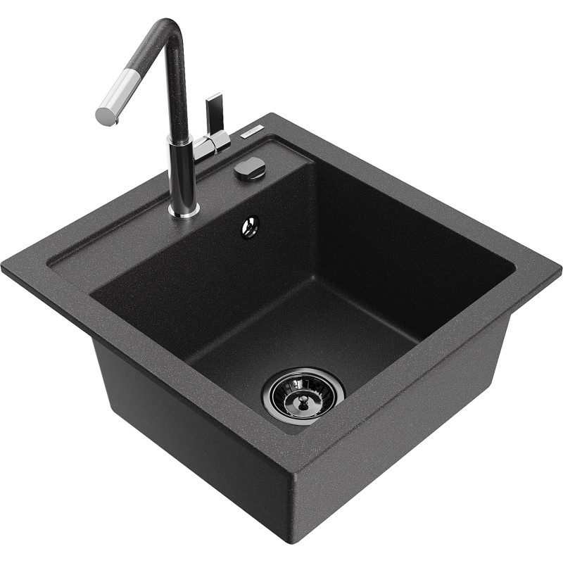 Mexen Vito chiuvetă de granit cu 1 compartiment și baterie de bucătărie Flora, negru pătat - 6503-76-670401-08-B