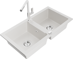 Mexen Mario kéttálcás gránit mosogató Flora konyhai csapteleppel, fehér - 6504-20-670401-02