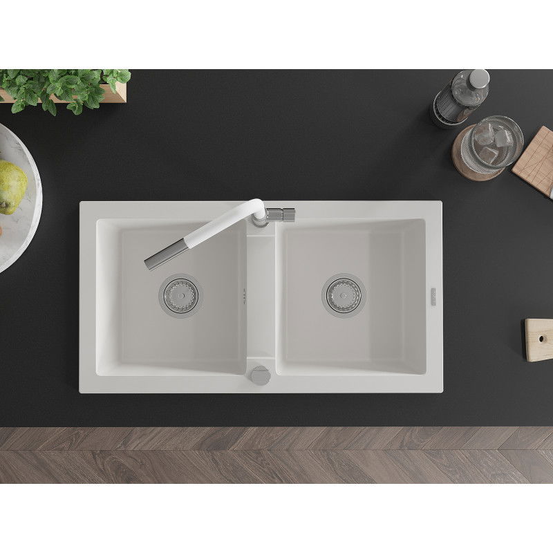 Mexen Mario kéttálcás gránit mosogató Flora konyhai csapteleppel, fehér - 6504-20-670401-02