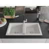 Mexen Mario chiuvetă de bucătărie granit cu 2 compartimente și baterie Flora, alb - 6504-20-670401-07