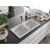 Mexen Mario chiuvetă de bucătărie granit cu 2 compartimente și baterie Flora, alb - 6504-20-670401-07