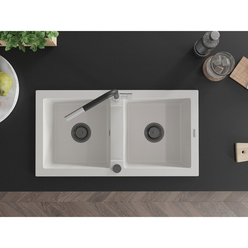 Mexen Mario chiuvetă din granit cu 2 compartimente și baterie de bucătărie Flora, alb - 6504-20-670401-07-B