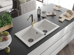 Mexen Mario 2-kamrás gránit mosogató Flora konyhai csapteleppel, fehér - 6504-20-670401-57-B