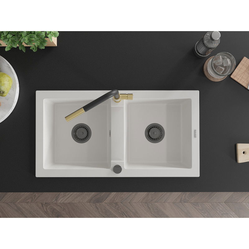 Mexen Mario chiuvetă de granit cu 2 compartimente și baterie de bucătărie Flora, alb - 6504-20-670401-57-B