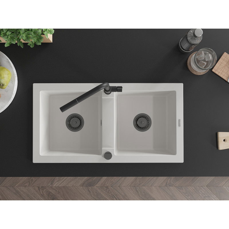 Mexen Mario chiuvetă de bucătărie din granit cu 2 compartimente și baterie Flora, alb - 6504-20-670401-70-B