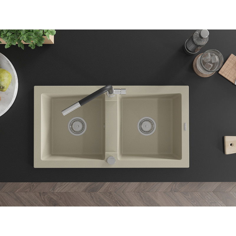 Mexen Mario 2 rekeszes gránit mosogató Flora konyhai csapteleppel, bézs - 6504-69-670401-07