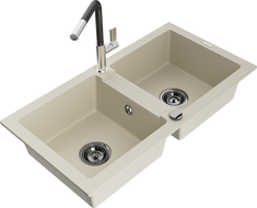 Mexen Mario 2-medencés gránit mosogató Flora konyhai csapteleppel, bézs - 6504-69-670401-07-B