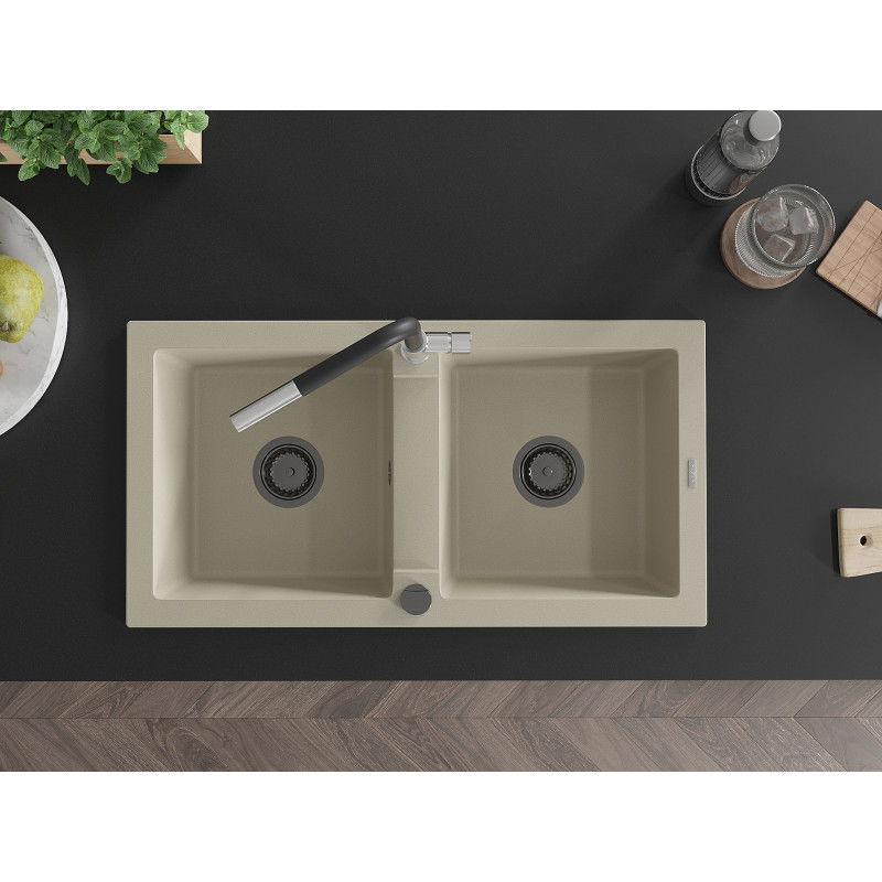 Mexen Mario chiuvetă de granit cu 2 compartimente cu baterie de bucătărie Flora, bej - 6504-69-670401-07-B