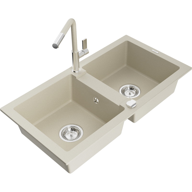 Mexen Mario chiuvetă granit 2-componente cu baterie de bucătărie Flora, bej - 6504-69-670401-09