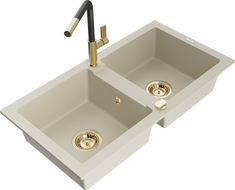 Mexen Mario gránit 2-medencés mosogató Flora konyhai csapteleppel, bézs - 6504-69-670401-57-G
