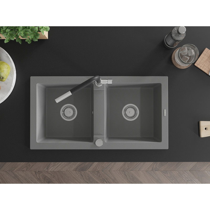 Mexen Mario kétkamrás gránit mosogató Flora konyhai csapteleppel, szürke - 6504-71-670401-07