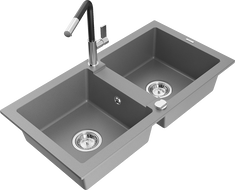 Mexen Mario chiuvetă de granit, 2 compartimente, cu baterie de bucătărie Flora, gri - 6504-71-670401-07