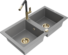 Mexen Mario 2 rekeszes gránit mosogató Flora konyhai csapteleppel, szürke - 6504-71-670401-57-G