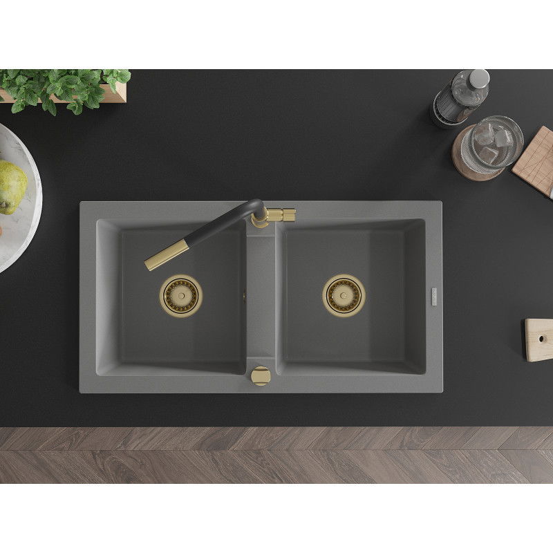 Mexen Mario chiuvetă de bucătărie din granit cu 2 compartimente și baterie Flora, gri - 6504-71-670401-57-G