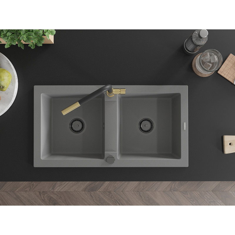 Mexen Mario chiuvetă de bucătărie din granit cu 2 compartimente și robinet Flora, gri - 6504-71-670401-57-B