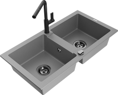 Mexen Mario gránit mosogató 2-medencés Flora konyhai csapteleppel, szürke - 6504-71-670401-70-B