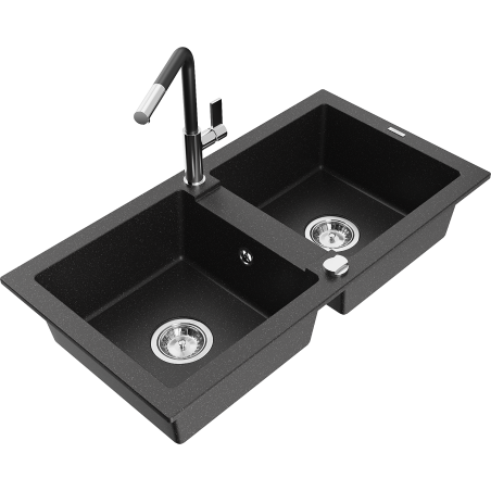 Mexen Mario gránit konyhai mosogató 2 rekeszes Flora csapteleppel, fekete/ezüst metál - 6504-73-670401-07