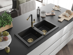 Chiuvetă din granit Mexen Mario cu 2 compartimente și baterie de bucătărie Flora, negru/argintiu metalizat - 6504-73-670401-57-G