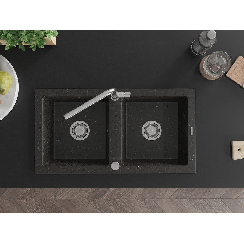 Mexen Mario chiuvetă de granit cu 2 cuve cu baterie de bucătărie Flora, negru/or metalic auriu - 6504-75-670401-00