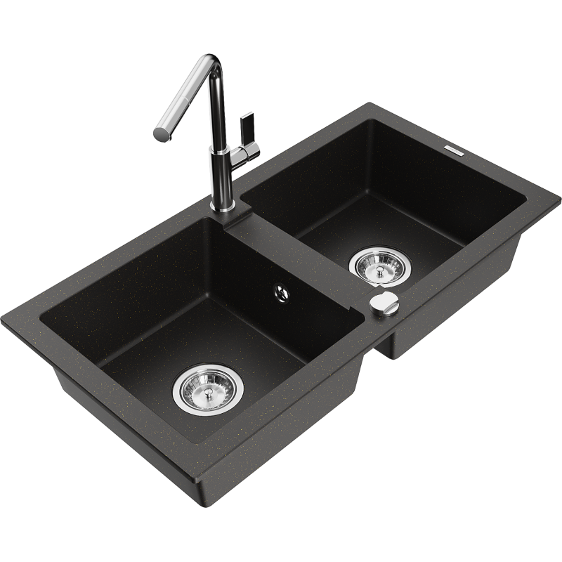 Mexen Mario chiuvetă de granit cu 2 cuve cu baterie de bucătărie Flora, negru/or metalic auriu - 6504-75-670401-00