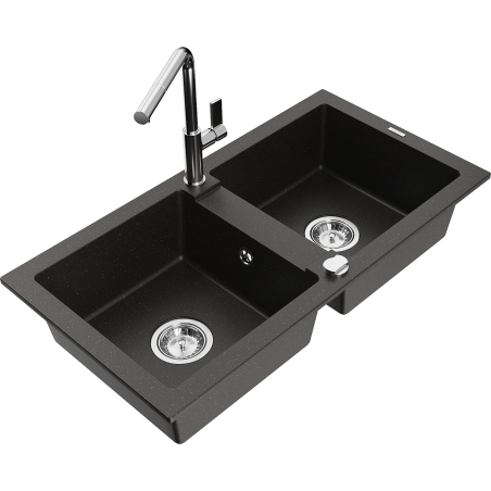 Mexen Mario chiuvetă de granit cu 2 cuve cu baterie de bucătărie Flora, negru/or metalic auriu - 6504-75-670401-00