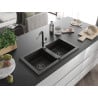 Mexen Mario chiuvetă de bucătărie din granit cu 2 cuve și baterie Flora, negru/auriu metalic - 6504-75-670401-07-B