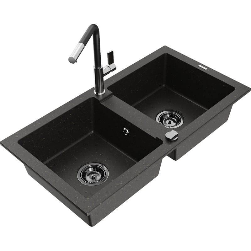 Mexen Mario chiuvetă de bucătărie din granit cu 2 cuve și baterie Flora, negru/auriu metalic - 6504-75-670401-07-B