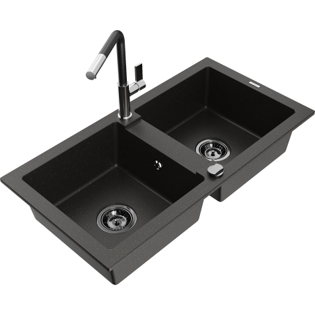 Mexen Mario chiuvetă de granit cu 2 cuve cu baterie de bucătărie Flora, negru/auriu metalic - 6504-75-670401-07-B