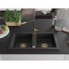 Mexen Mario chiuvetă de granit cu 2 compartimente, cu baterie de bucătărie Flora, neagră/aurie metalizat - 6504-75-670401-57-G