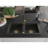 Mexen Mario chiuvetă de granit cu 2 compartimente cu robinet de bucătărie Flora, negru/auriu metalizat - 6504-75-670401-57-G