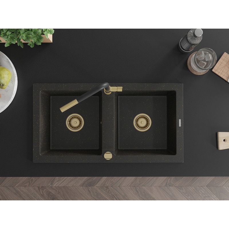 Mexen Mario chiuvetă de granit cu 2 compartimente, cu baterie de bucătărie Flora, neagră/aurie metalizat - 6504-75-670401-57-G