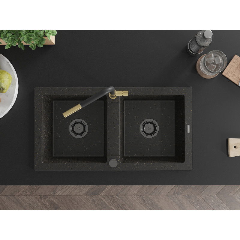 Mexen Mario gránit mosogató 2 rekeszes konyhai csappal Flora, fekete/arany metál - 6504-75-670401-57-B