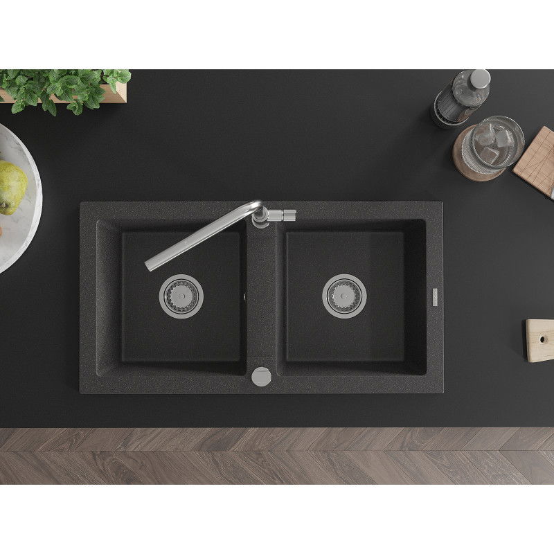 Mexen Mario chiuvetă din granit cu 2 compartimente cu baterie de bucătărie Flora, negru pătat - 6504-76-670401-00