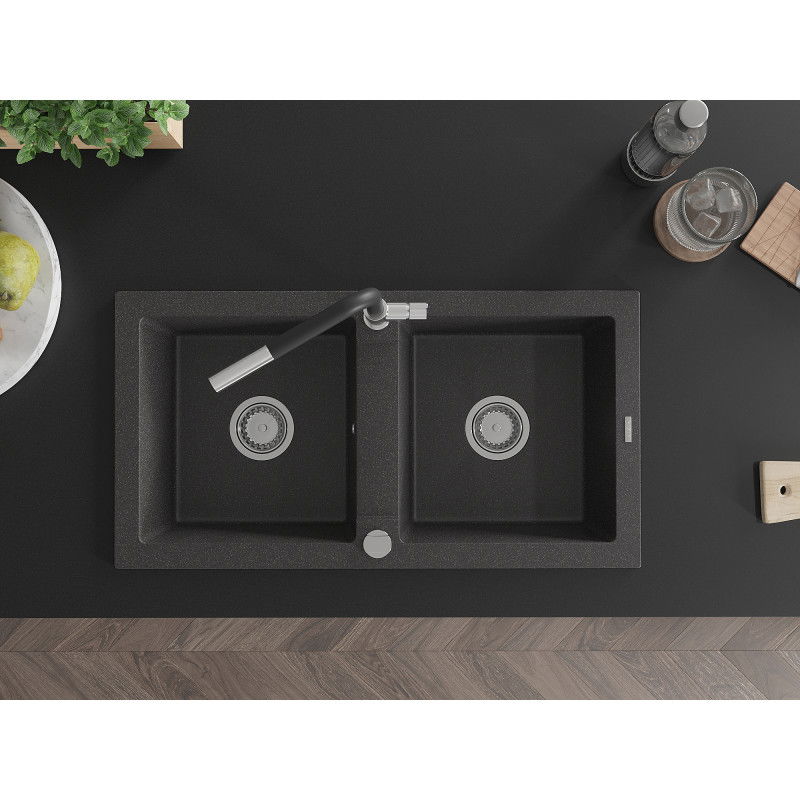 Mexen Mario gránit kéttálcás mosogató Flora konyhai csappal, fekete pöttyös - 6504-76-670401-07